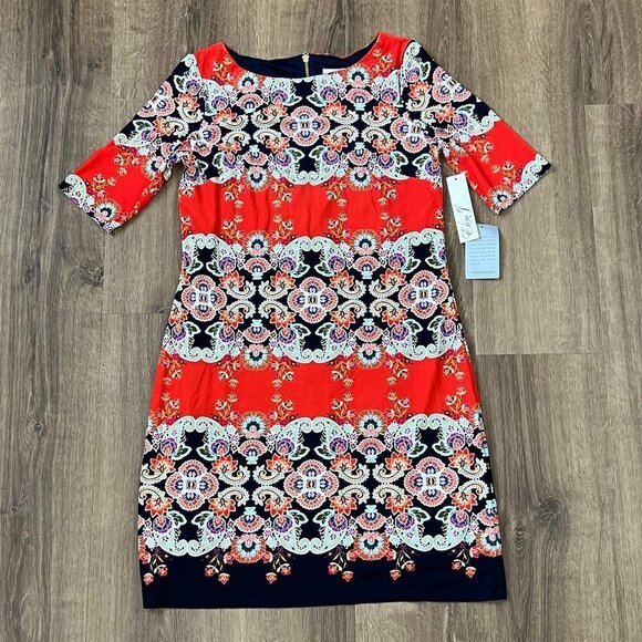 NEW Eliza J Poppy Orange Blue Paisley Floral Short Sleeve Dress Sz 6 - Picture 1 of 13